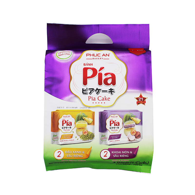 PHUC AN Pia Vegetarian Cake with Mung Bean & Durian, Taro/ Banh Pia Chay Du xanh & Sau rieng 400 Gr