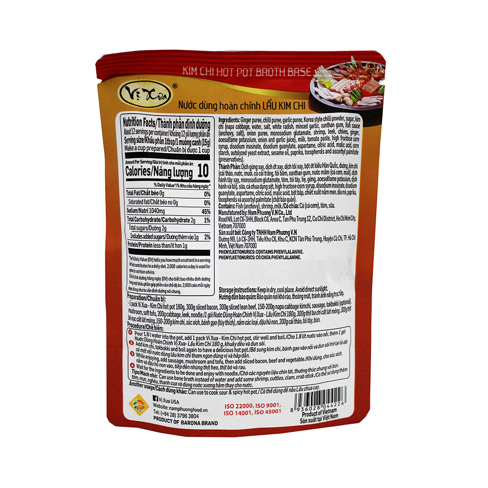 VI XUA Kim Chi Hot Pot Broth Base / Nuoc Dung Hoan Chinh Lau Kim Chi 6.3 OZ